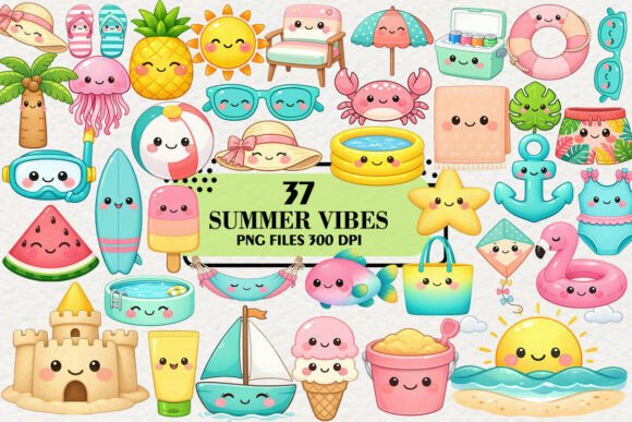 Download Kawaii Summer Vibes Clipart Bundle - Summer vibes clipart Collection