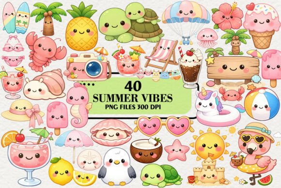 Download Kawaii Summer Vibes Clipart Bundle - Summer vibes clipart Collection